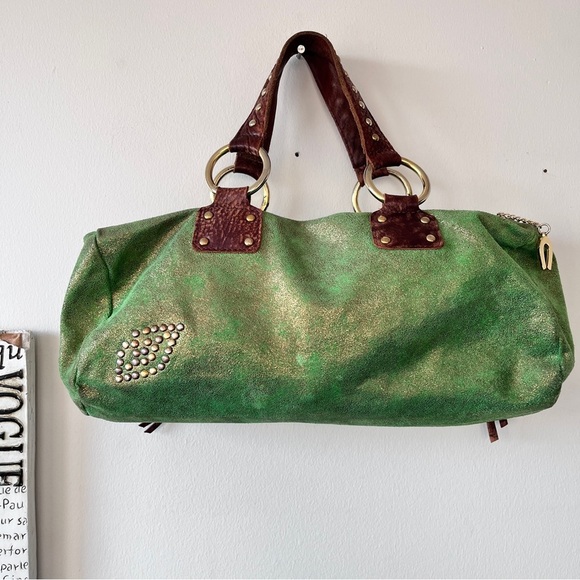 Vintage Y2K Betsey Johnson Metallic Green Leather Studded Cargo Bag - Picture 7 of 16
